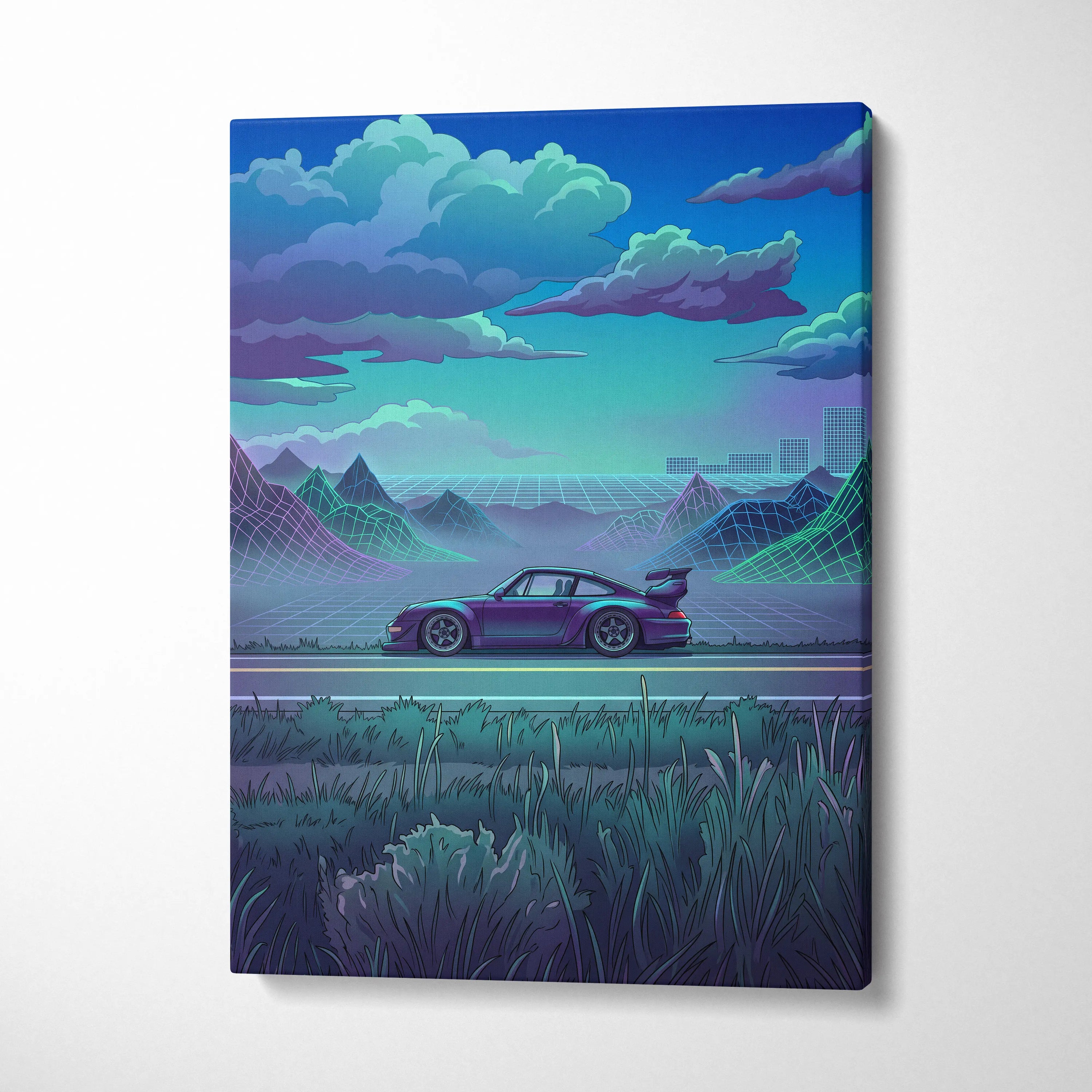 RWB Porsche 911 Inspired Purple Teal Mountain Canvas Wall Art Vaporwave Sports Car Artwork, Neon Grid Landscape Garage Decor Retro Futuristic Print