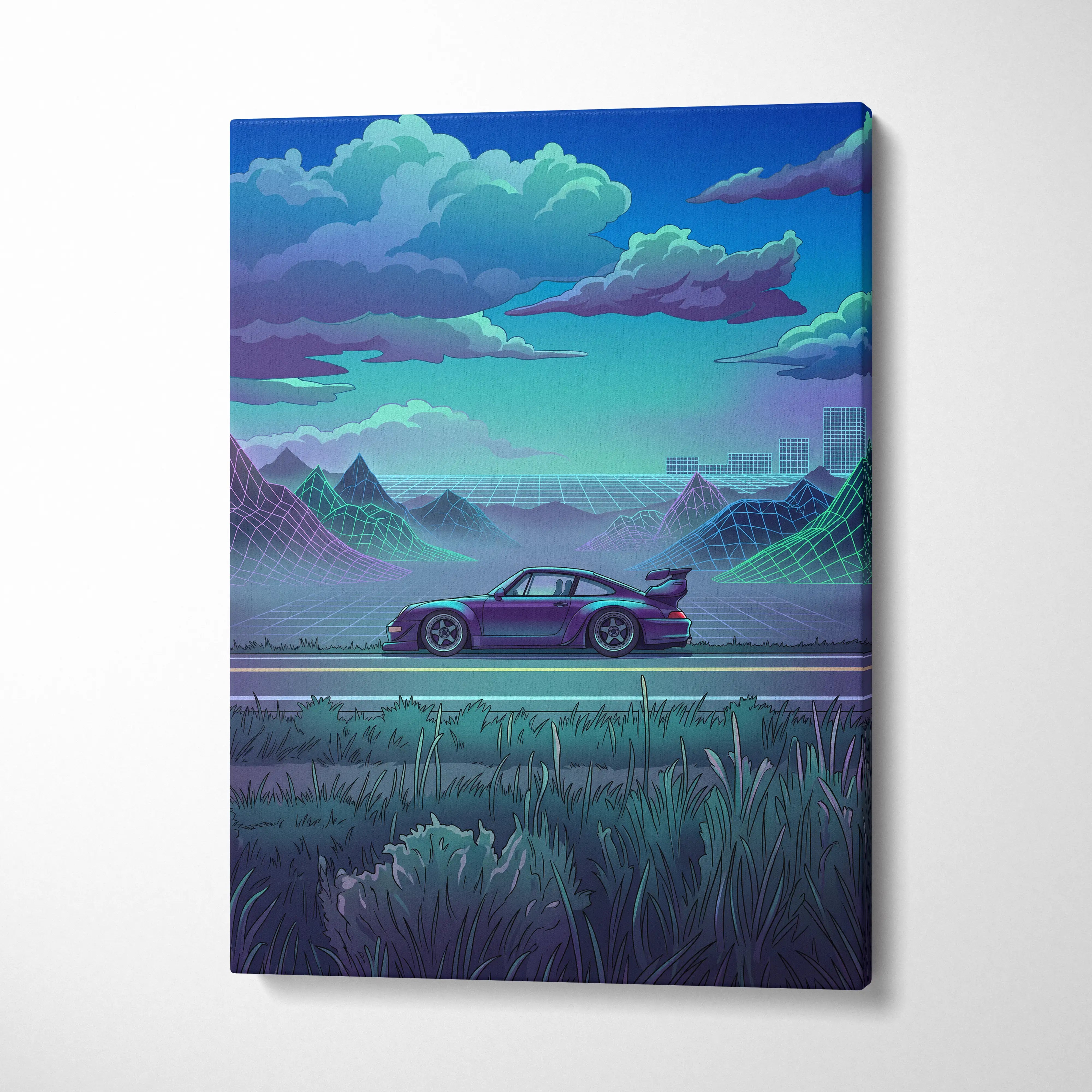 RWB Porsche 911 Inspired Purple Teal Mountain Canvas Wall Art Vaporwave Sports Car Artwork, Neon Grid Landscape Garage Decor Retro Futuristic Print