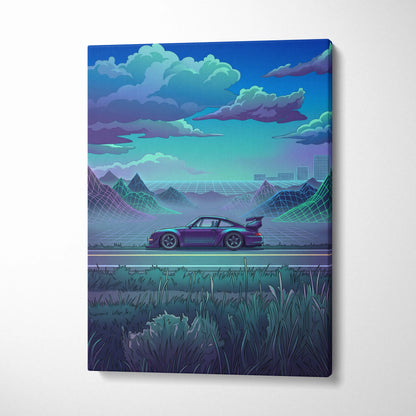 RWB Porsche 911 Inspired Purple Teal Mountain Canvas Wall Art Vaporwave Sports Car Artwork, Neon Grid Landscape Garage Decor Retro Futuristic Print