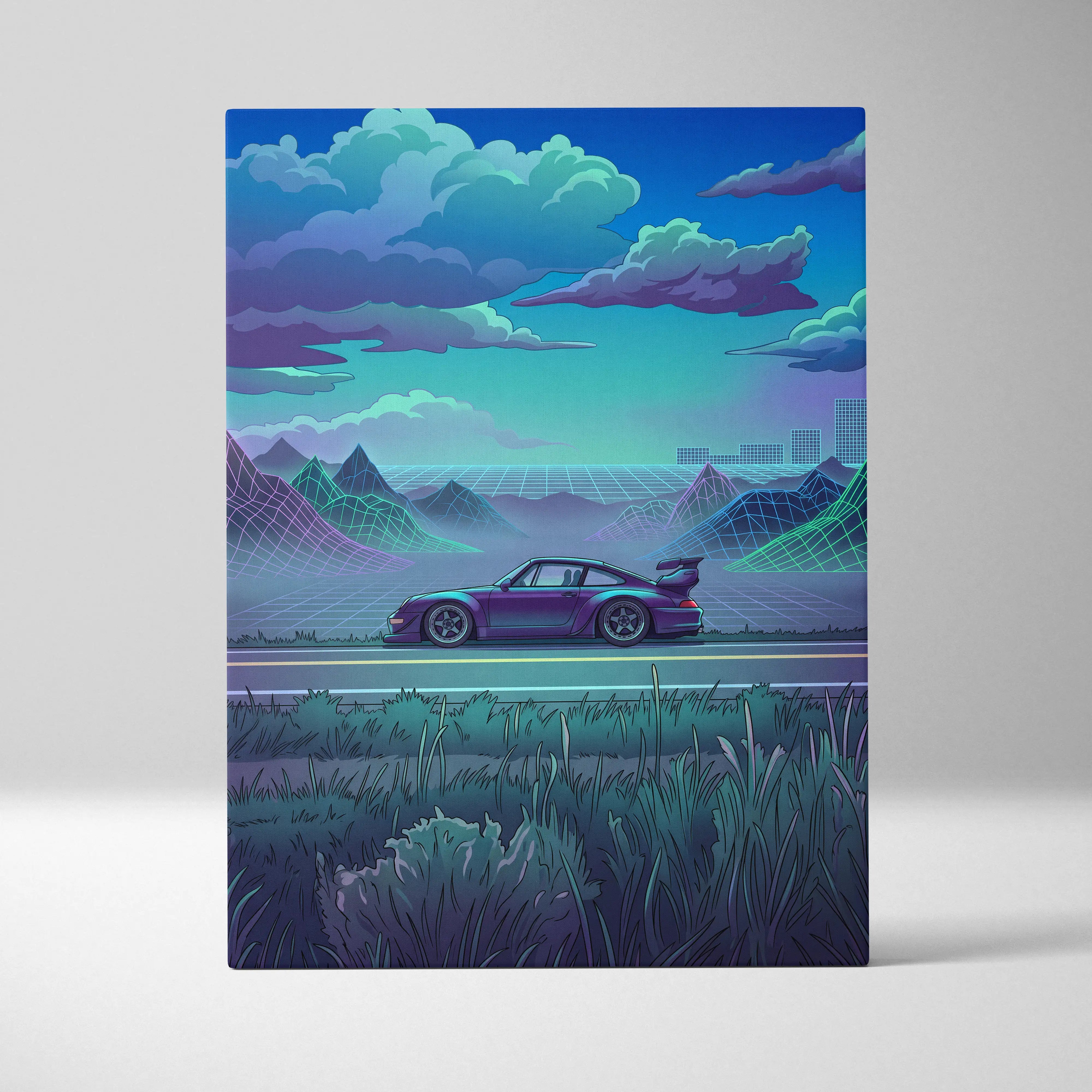 RWB Porsche 911 Inspired Purple Teal Mountain Canvas Wall Art Vaporwave Sports Car Artwork, Neon Grid Landscape Garage Decor Retro Futuristic Print