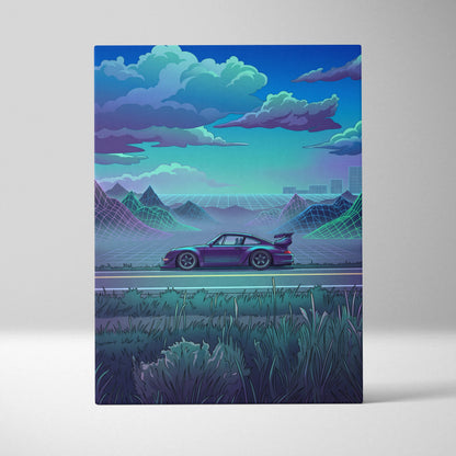 RWB Porsche 911 Inspired Purple Teal Mountain Canvas Wall Art Vaporwave Sports Car Artwork, Neon Grid Landscape Garage Decor Retro Futuristic Print