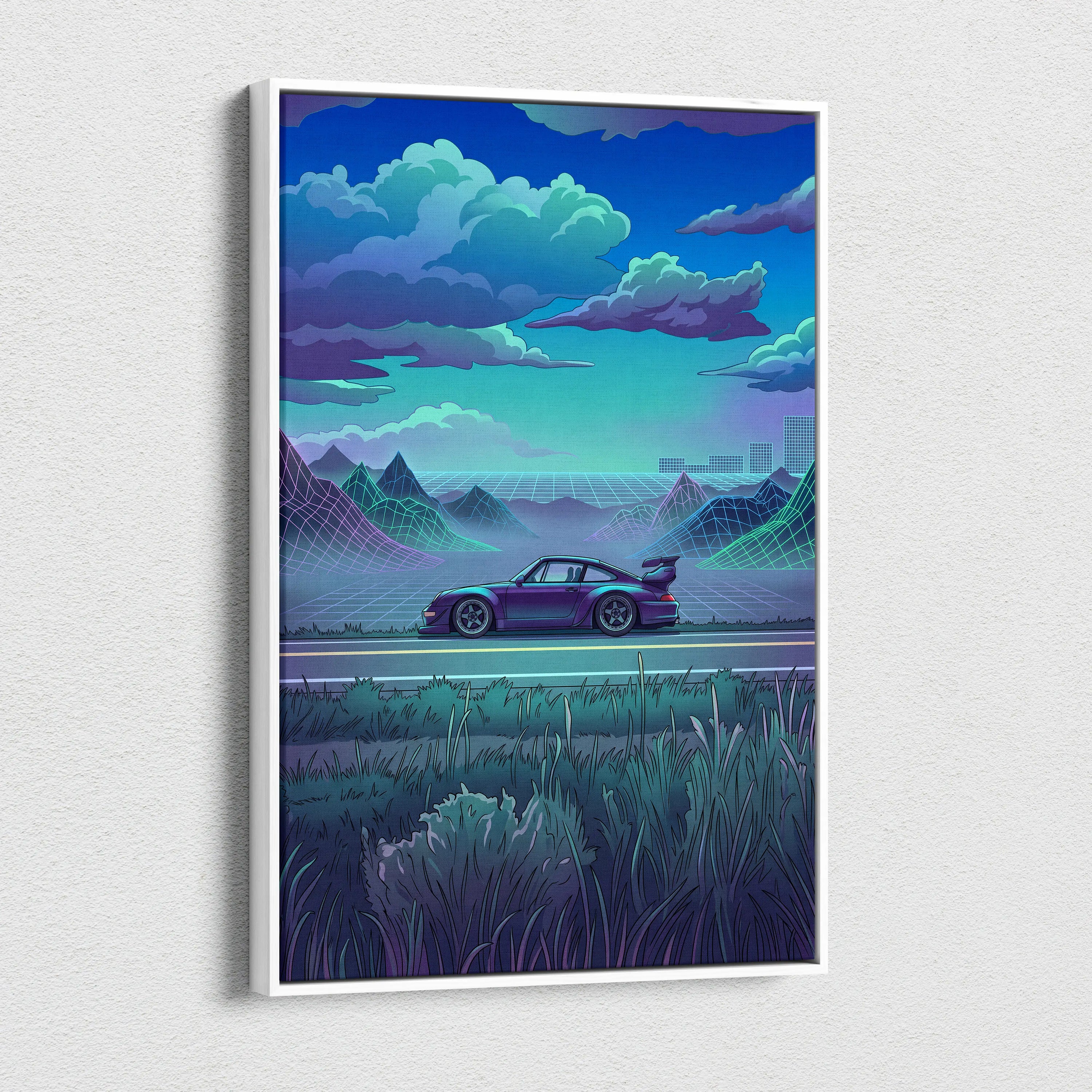 RWB Porsche 911 Inspired Purple Teal Mountain Canvas Wall Art Vaporwave Sports Car Artwork, Neon Grid Landscape Garage Decor Retro Futuristic Print
