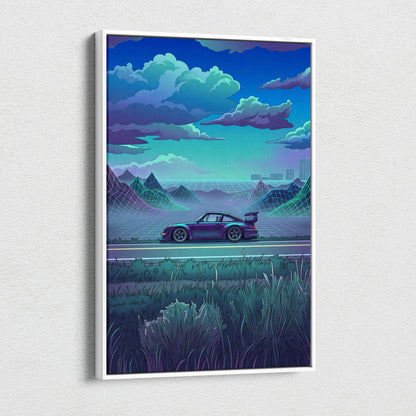 RWB Porsche 911 Inspired Purple Teal Mountain Canvas Wall Art Vaporwave Sports Car Artwork, Neon Grid Landscape Garage Decor Retro Futuristic Print