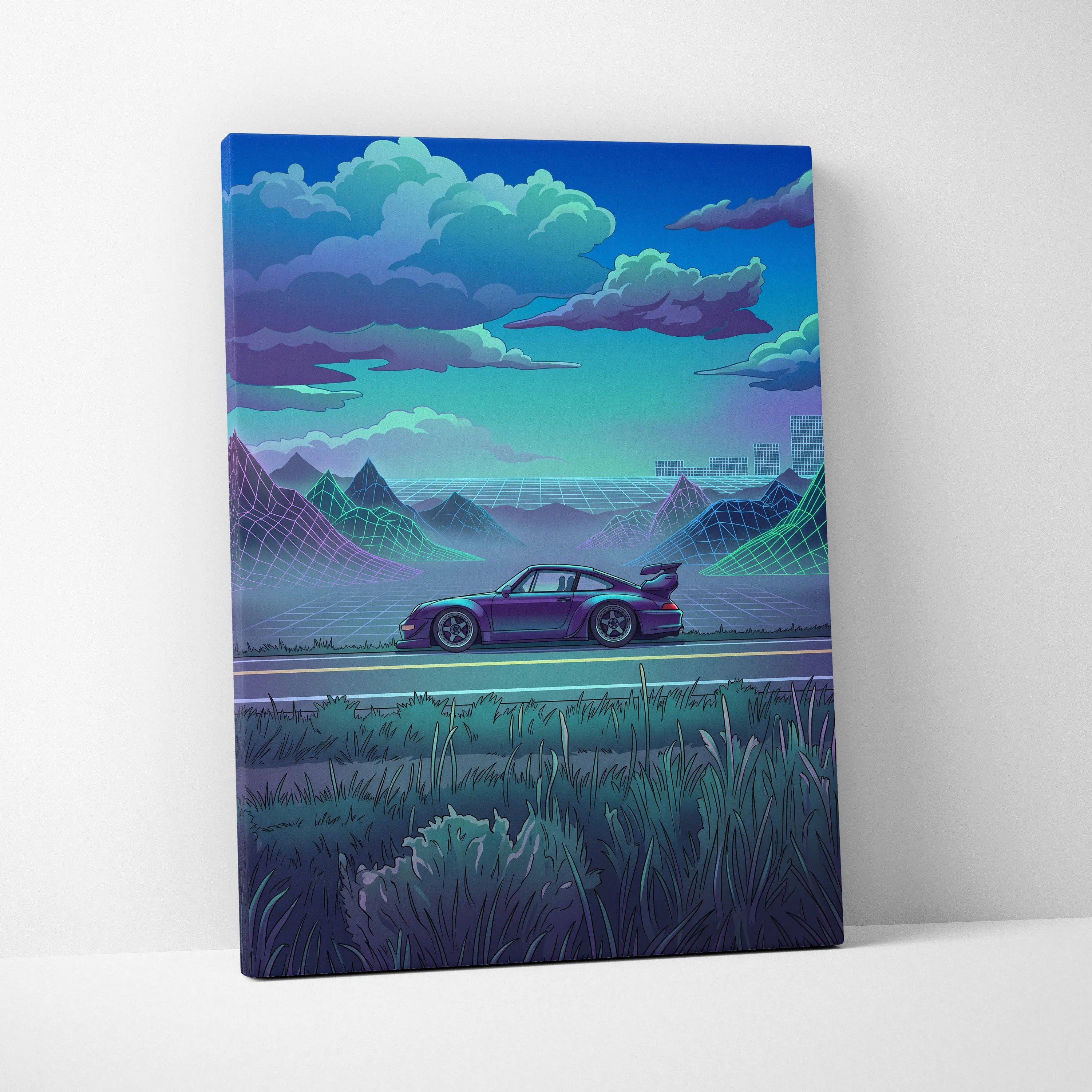 RWB Porsche 911 Inspired Purple Teal Mountain Canvas Wall Art Vaporwave Sports Car Artwork, Neon Grid Landscape Garage Decor Retro Futuristic Print