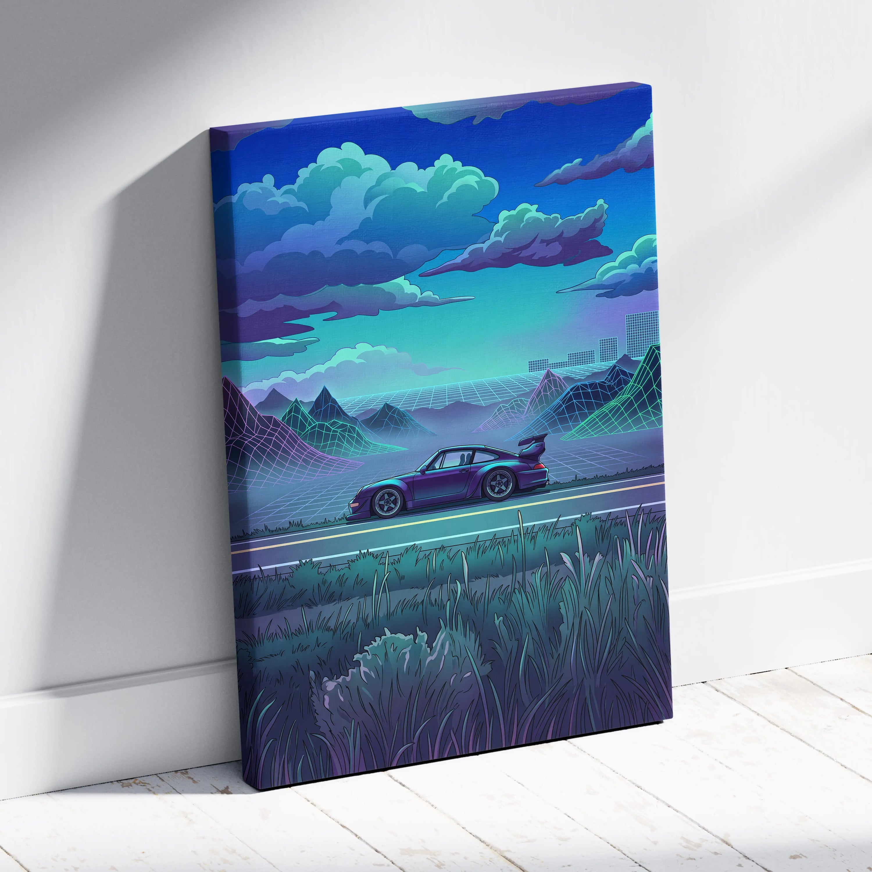 RWB Porsche 911 Inspired Purple Teal Mountain Canvas Wall Art Vaporwave Sports Car Artwork, Neon Grid Landscape Garage Decor Retro Futuristic Print