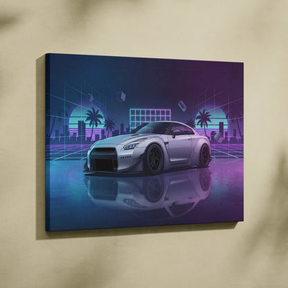 Nissan GT-R R35 Inspired Silver Purple Canvas Wall Art Vaporwave Neon Palm JDM Car Artwork, Cyberpunk Reflection Garage Decor
