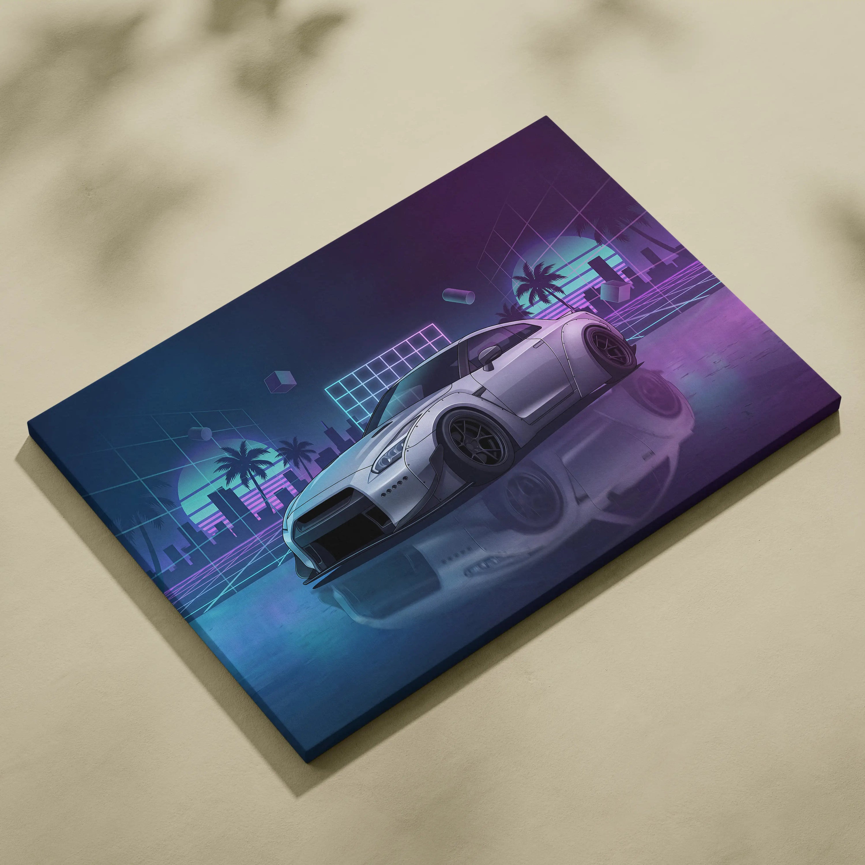 Nissan GT-R R35 Inspired Silver Purple Canvas Wall Art Vaporwave Neon Palm JDM Car Artwork, Cyberpunk Reflection Garage Decor