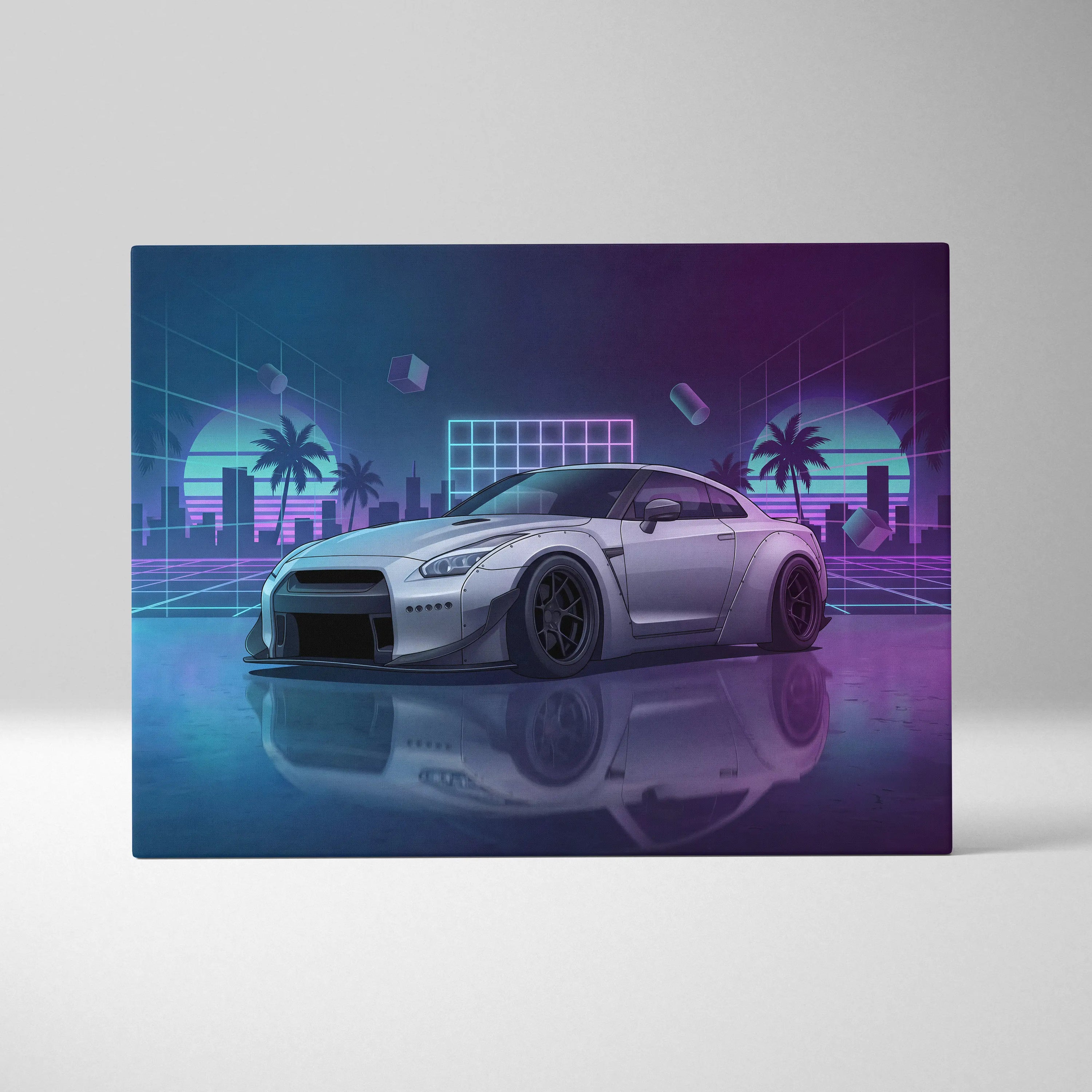 Nissan GT-R R35 Inspired Silver Purple Canvas Wall Art Vaporwave Neon Palm JDM Car Artwork, Cyberpunk Reflection Garage Decor
