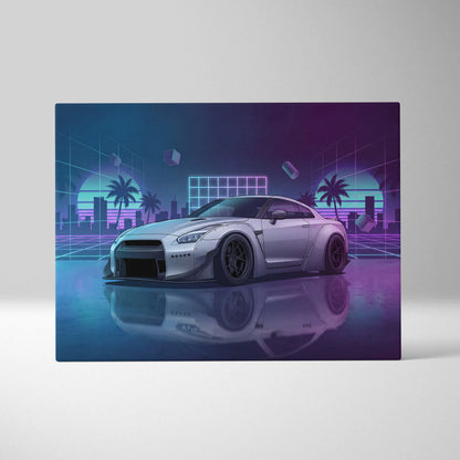 Nissan GT-R R35 Inspired Silver Purple Canvas Wall Art Vaporwave Neon Palm JDM Car Artwork, Cyberpunk Reflection Garage Decor