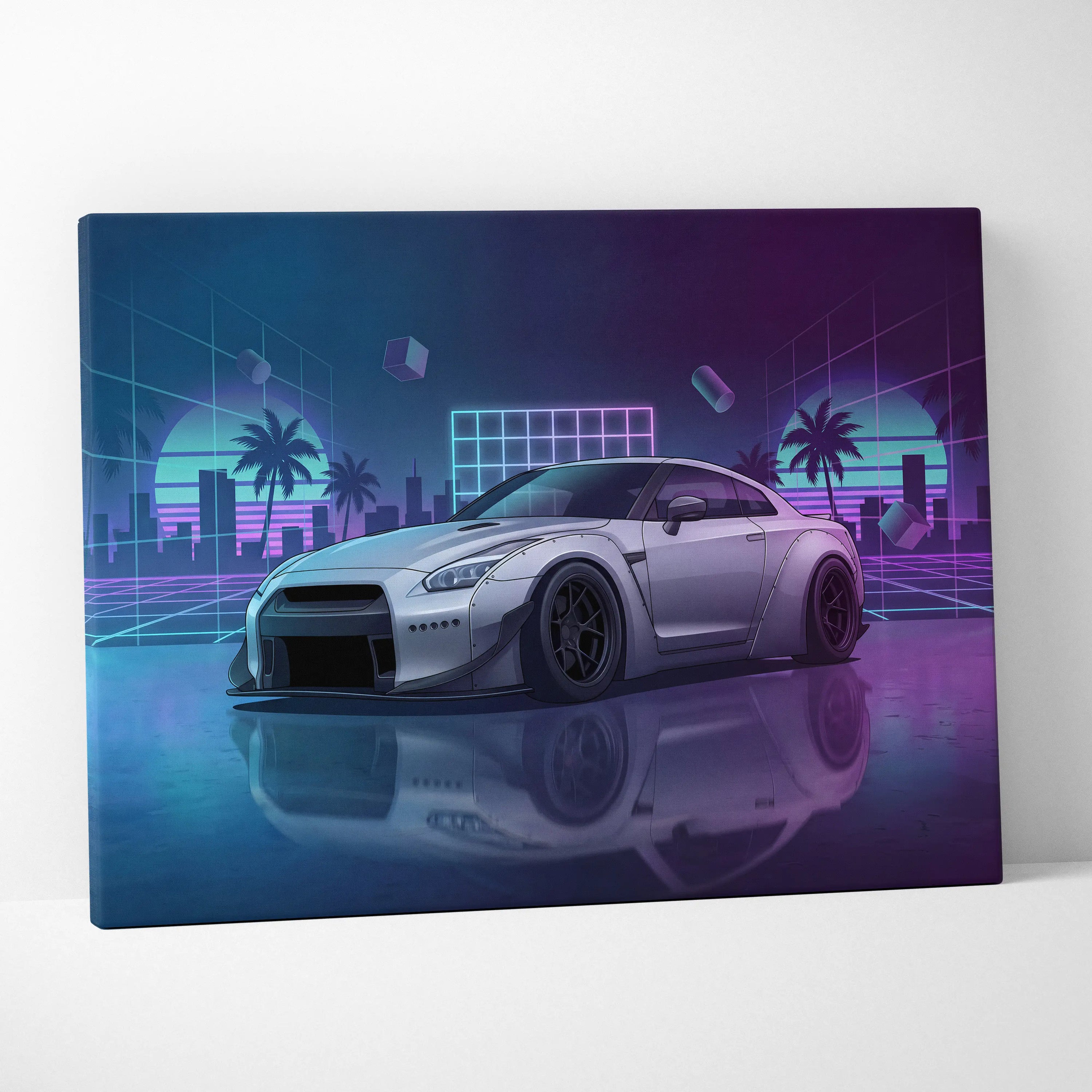 Nissan GT-R R35 Inspired Silver Purple Canvas Wall Art Vaporwave Neon Palm JDM Car Artwork, Cyberpunk Reflection Garage Decor