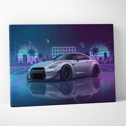 Nissan GT-R R35 Inspired Silver Purple Canvas Wall Art Vaporwave Neon Palm JDM Car Artwork, Cyberpunk Reflection Garage Decor