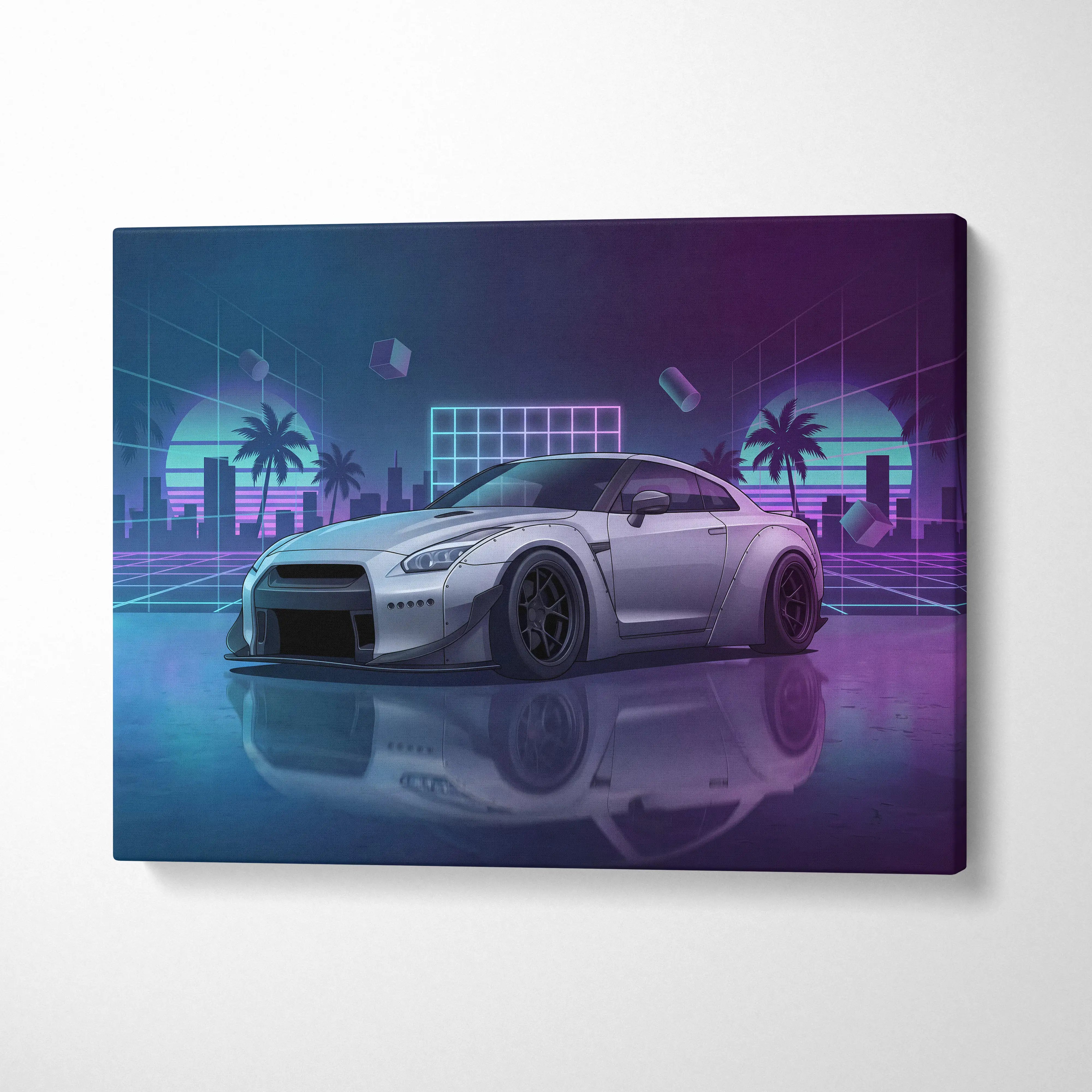 Nissan GT-R R35 Inspired Silver Purple Canvas Wall Art Vaporwave Neon Palm JDM Car Artwork, Cyberpunk Reflection Garage Decor