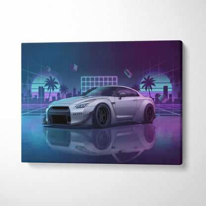 Nissan GT-R R35 Inspired Silver Purple Canvas Wall Art Vaporwave Neon Palm JDM Car Artwork, Cyberpunk Reflection Garage Decor