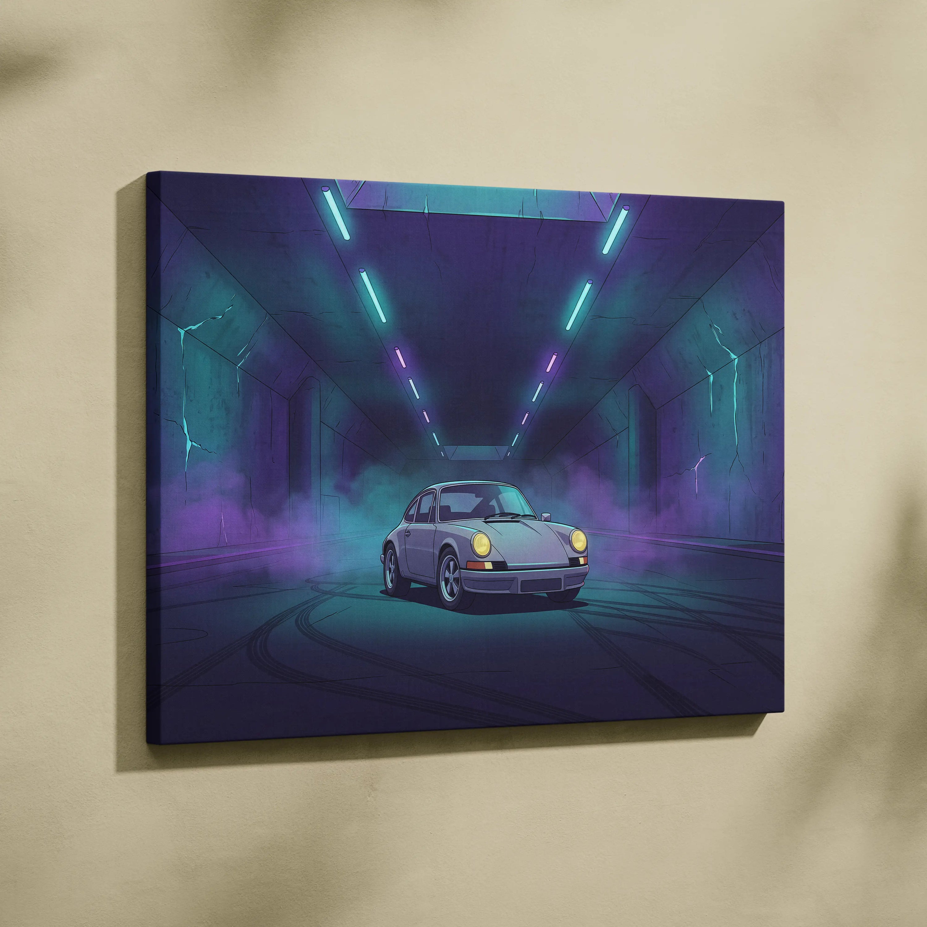 Porsche 911 Classic Inspired Silver Purple Canvas Wall Art, Vaporwave Classic Sports Car Artwork, Neon Tunnel Garage Decor, Retro Auto Print