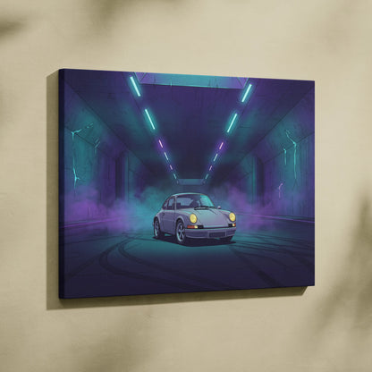 Porsche 911 Classic Inspired Silver Purple Canvas Wall Art, Vaporwave Classic Sports Car Artwork, Neon Tunnel Garage Decor, Retro Auto Print