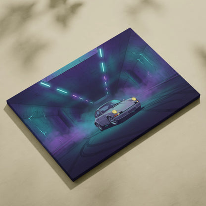 Porsche 911 Classic Inspired Silver Purple Canvas Wall Art, Vaporwave Classic Sports Car Artwork, Neon Tunnel Garage Decor, Retro Auto Print
