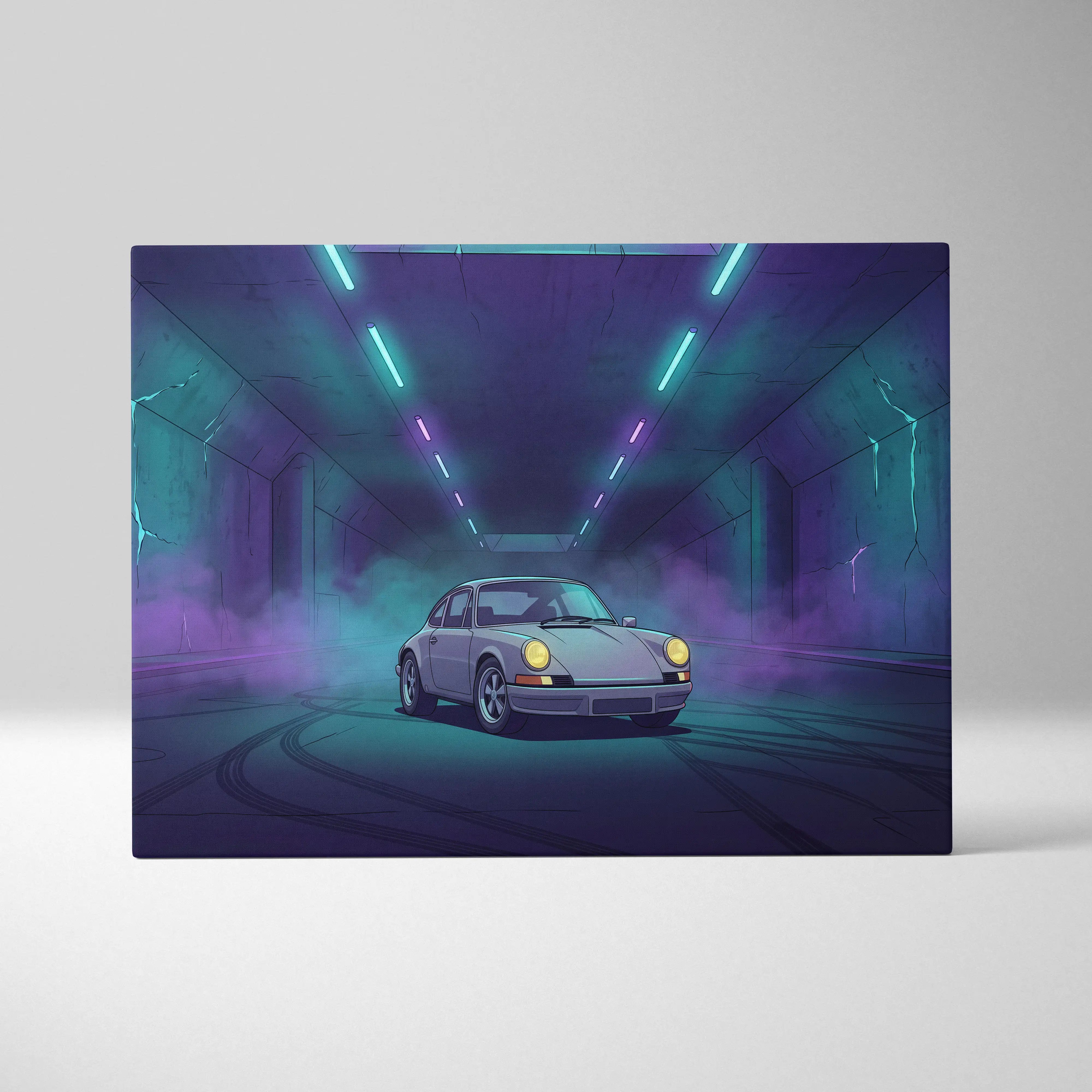 Porsche 911 Classic Inspired Silver Purple Canvas Wall Art, Vaporwave Classic Sports Car Artwork, Neon Tunnel Garage Decor, Retro Auto Print
