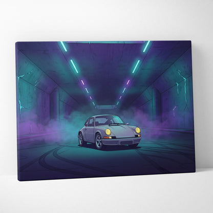 Porsche 911 Classic Inspired Silver Purple Canvas Wall Art, Vaporwave Classic Sports Car Artwork, Neon Tunnel Garage Decor, Retro Auto Print