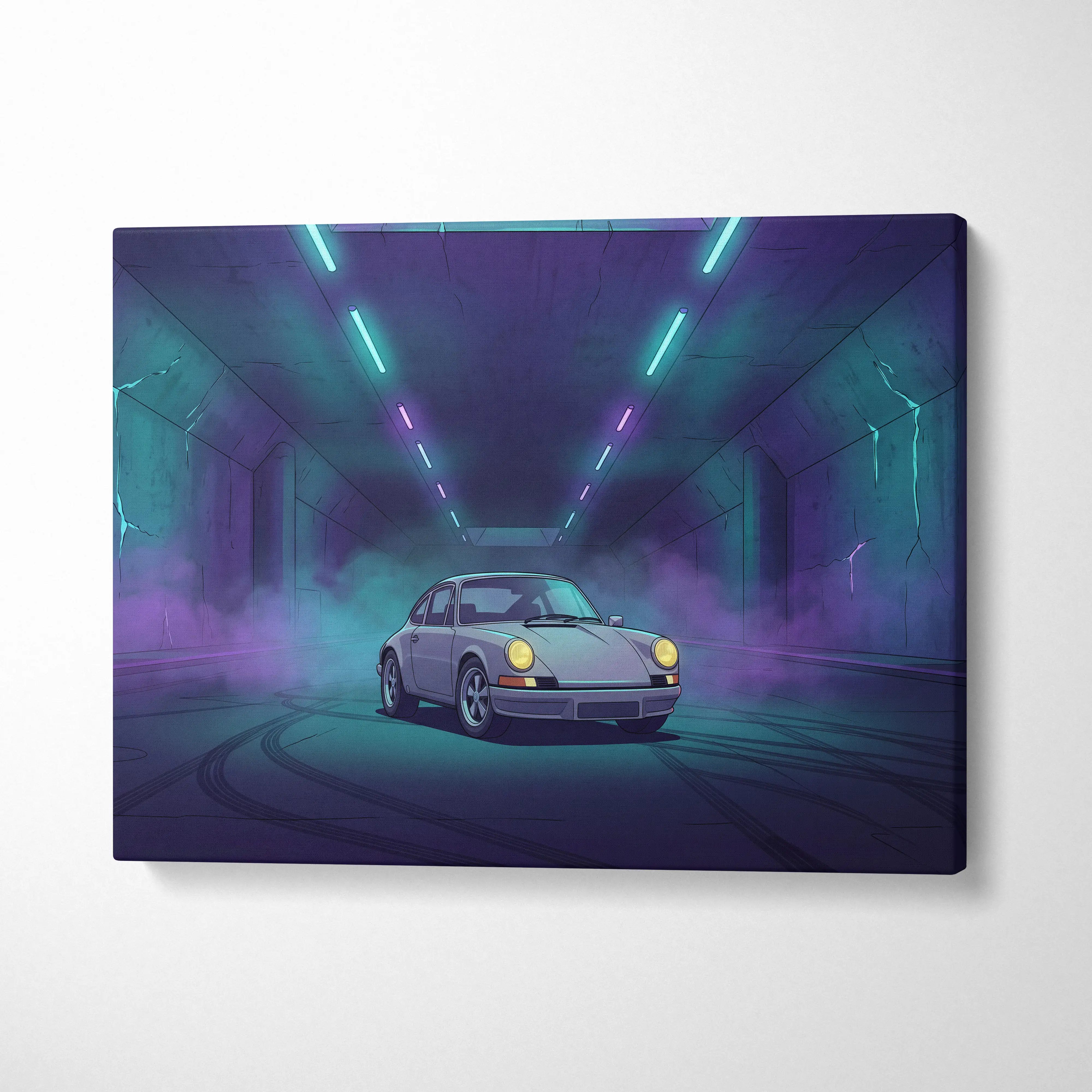 Porsche 911 Classic Inspired Silver Purple Canvas Wall Art, Vaporwave Classic Sports Car Artwork, Neon Tunnel Garage Decor, Retro Auto Print