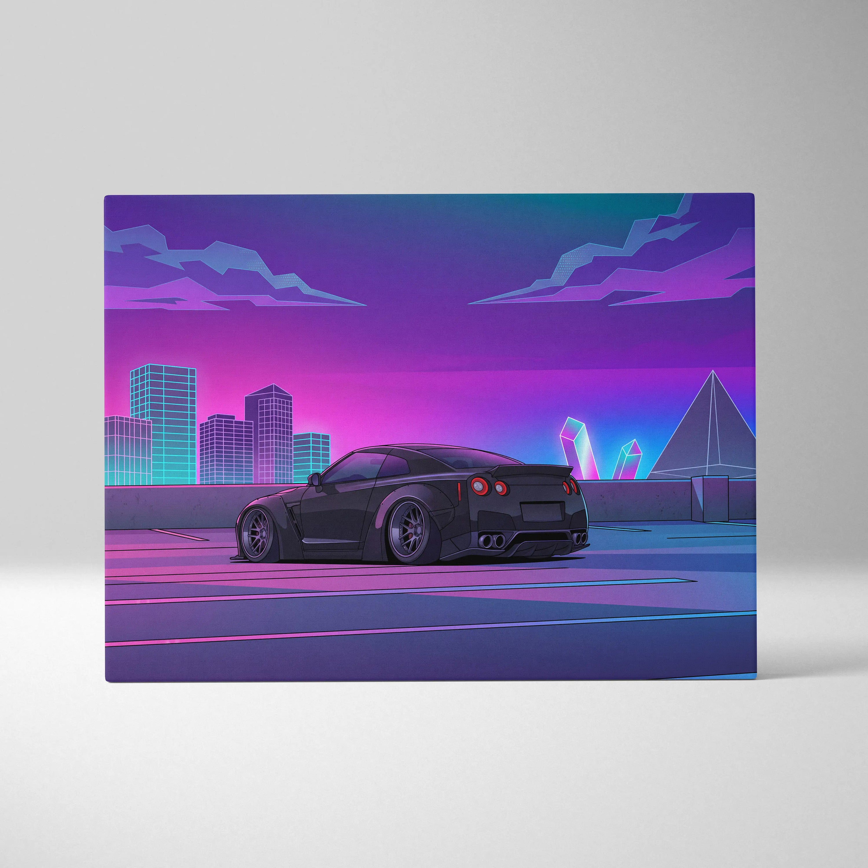 Nissan GT-R R35 Inspired Black Purple Canvas Wall Art Vaporwave JDM Supercar Artwork Neon City Garage Decor Retro Futuristic Skyline Print