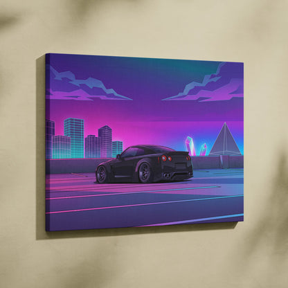 Nissan GT-R R35 Inspired Black Purple Canvas Wall Art Vaporwave JDM Supercar Artwork Neon City Garage Decor Retro Futuristic Skyline Print