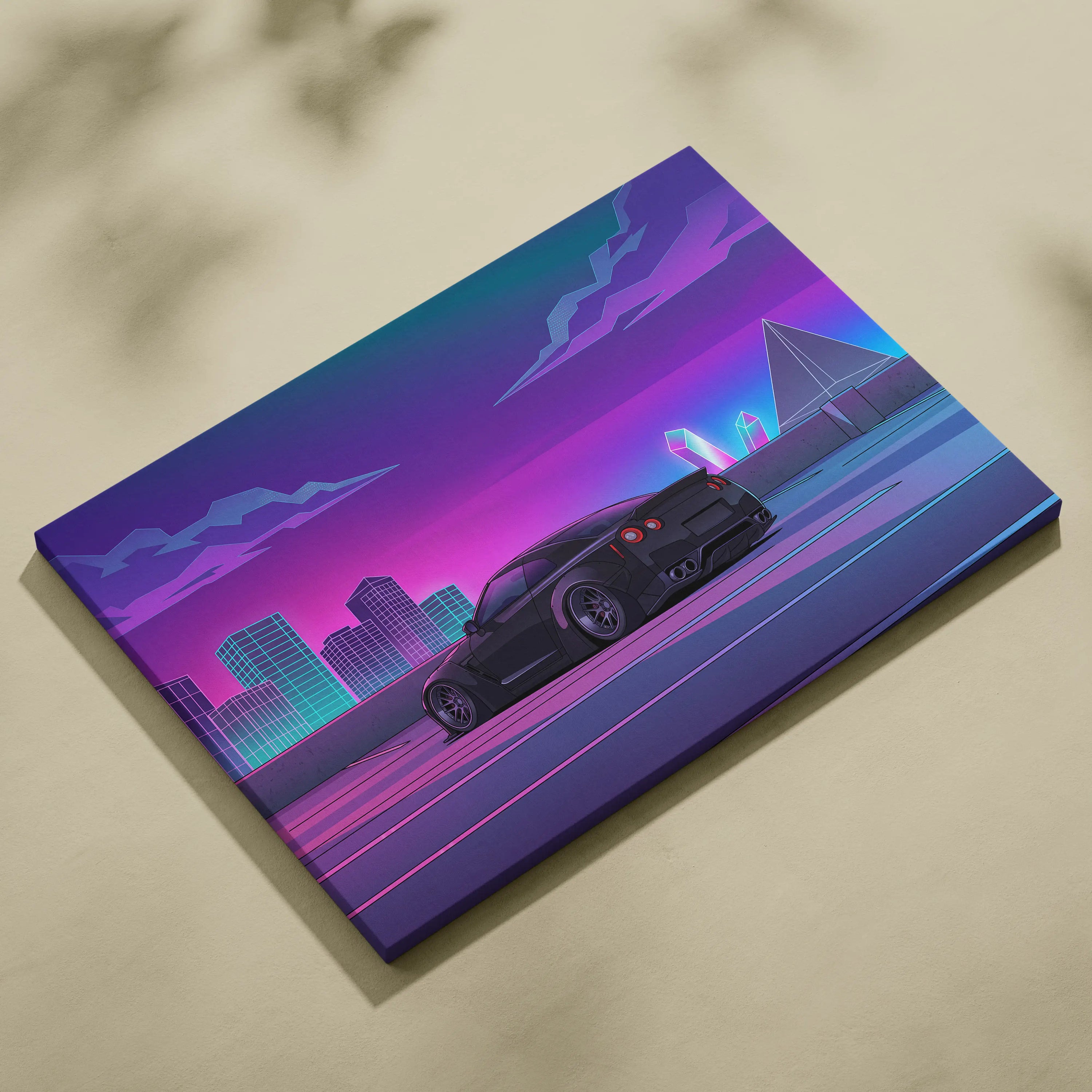 Nissan GT-R R35 Inspired Black Purple Canvas Wall Art Vaporwave JDM Supercar Artwork Neon City Garage Decor Retro Futuristic Skyline Print