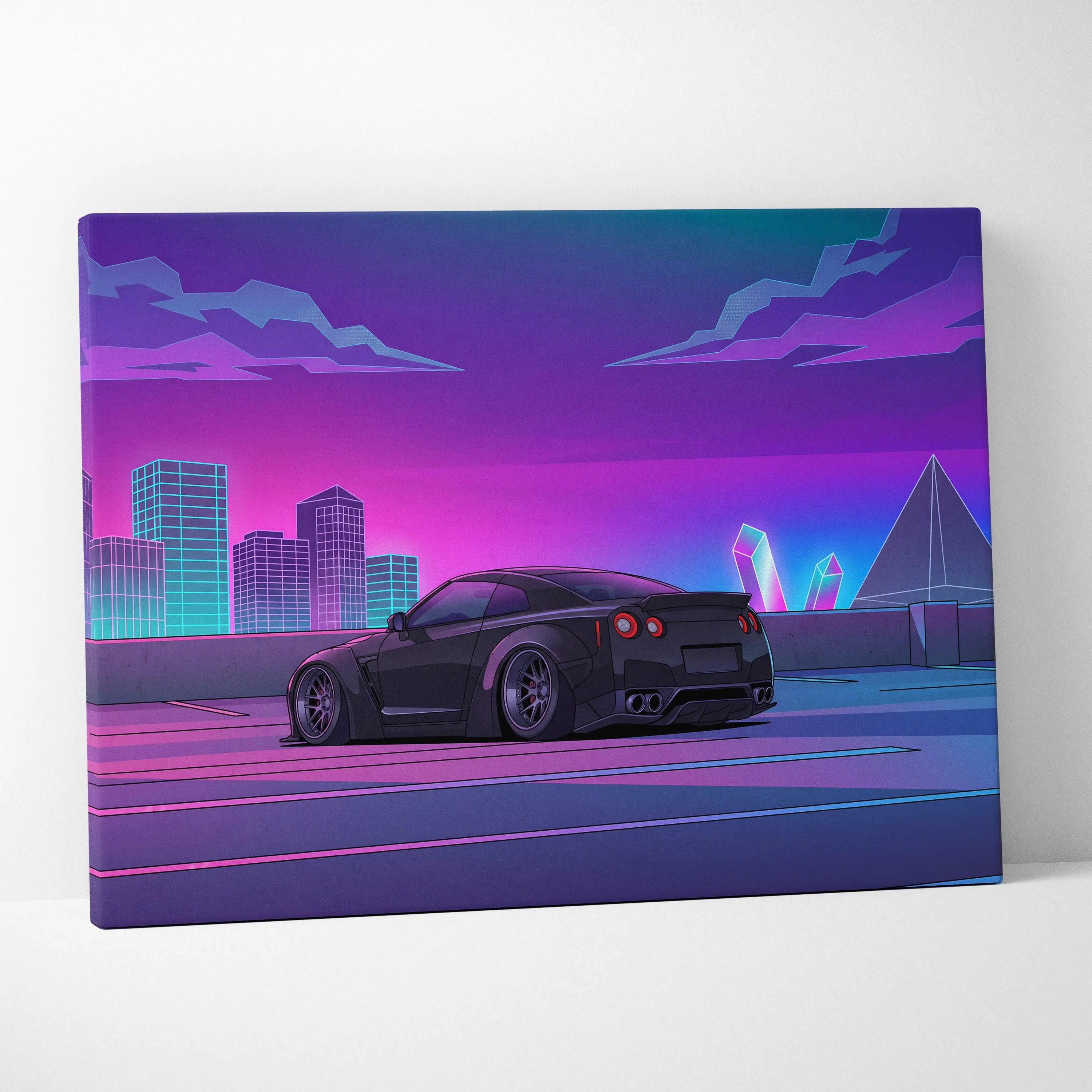 Nissan GT-R R35 Inspired Black Purple Canvas Wall Art Vaporwave JDM Supercar Artwork Neon City Garage Decor Retro Futuristic Skyline Print