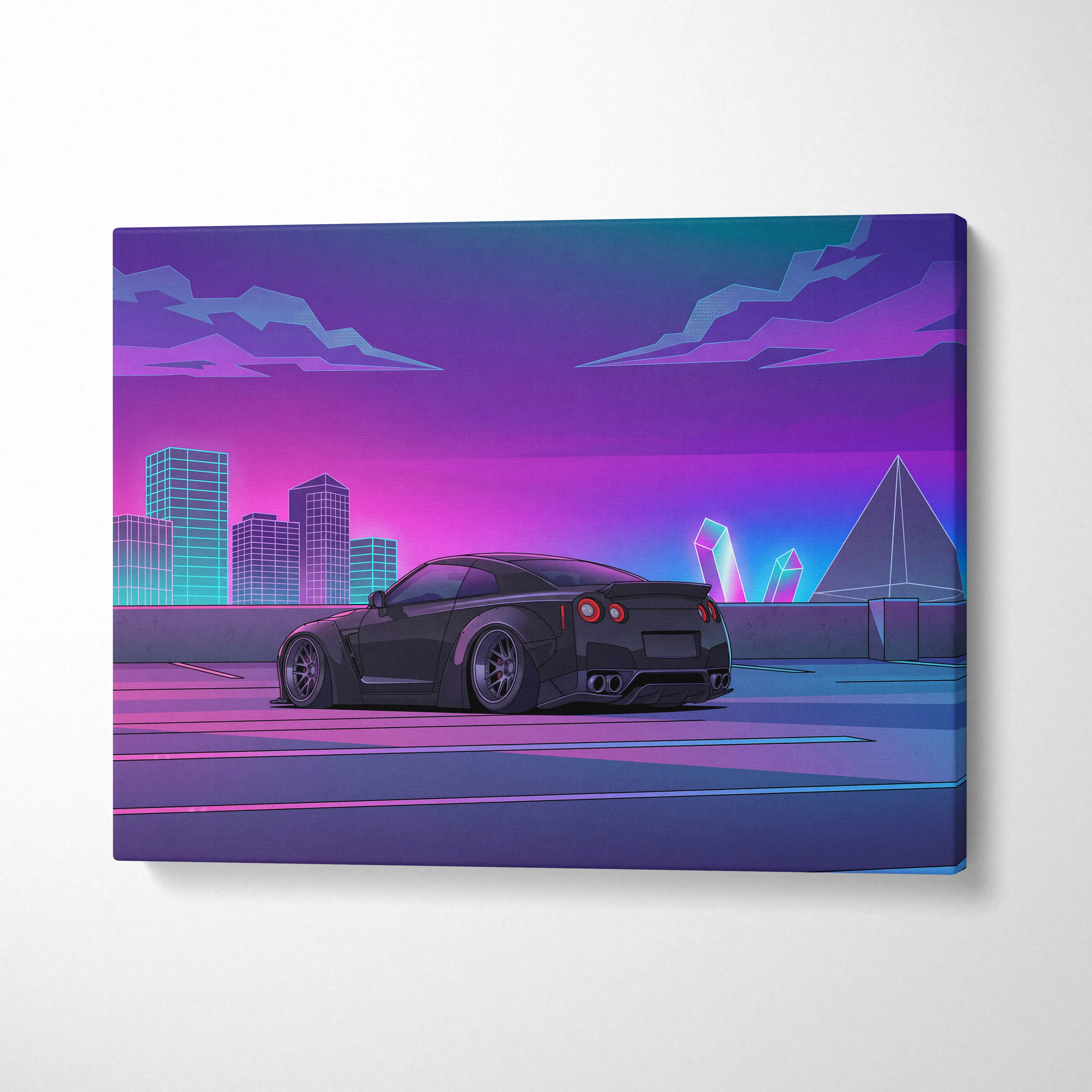 Nissan GT-R R35 Inspired Black Purple Canvas Wall Art Vaporwave JDM Supercar Artwork Neon City Garage Decor Retro Futuristic Skyline Print