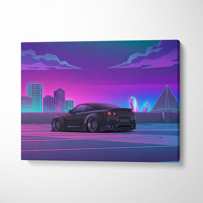 Nissan GT-R R35 Inspired Black Purple Canvas Wall Art Vaporwave JDM Supercar Artwork Neon City Garage Decor Retro Futuristic Skyline Print