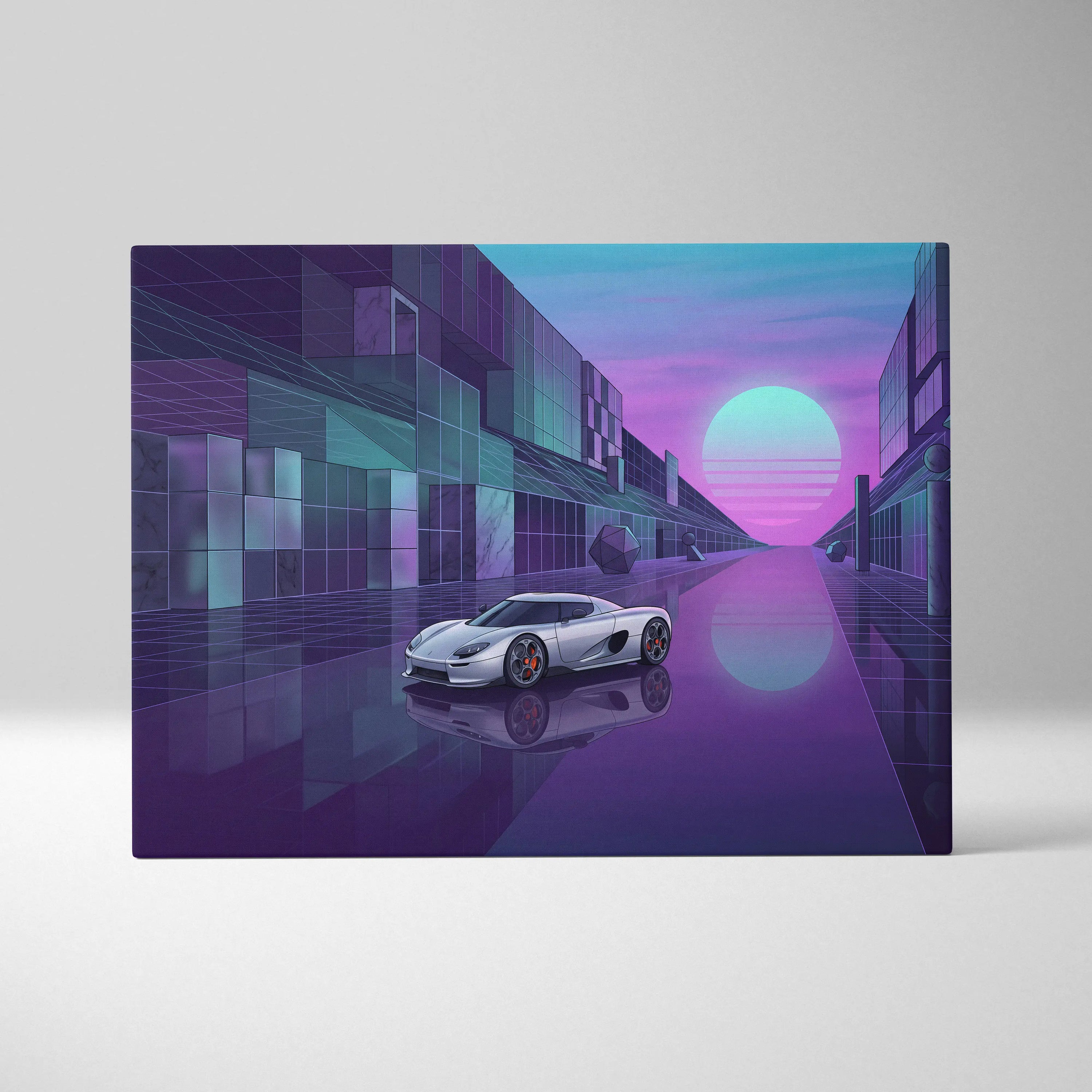 Koenigsegg CCX Inspired Silver Purple Canvas Wall Art Vaporwave Hypercar Artwork Neon City Garage Decor Retro Futuristic Supercar Print