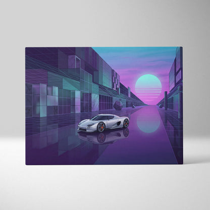 Koenigsegg CCX Inspired Silver Purple Canvas Wall Art Vaporwave Hypercar Artwork Neon City Garage Decor Retro Futuristic Supercar Print