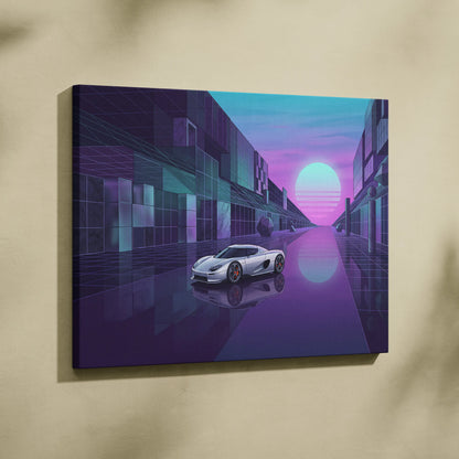 Koenigsegg CCX Inspired Silver Purple Canvas Wall Art Vaporwave Hypercar Artwork Neon City Garage Decor Retro Futuristic Supercar Print