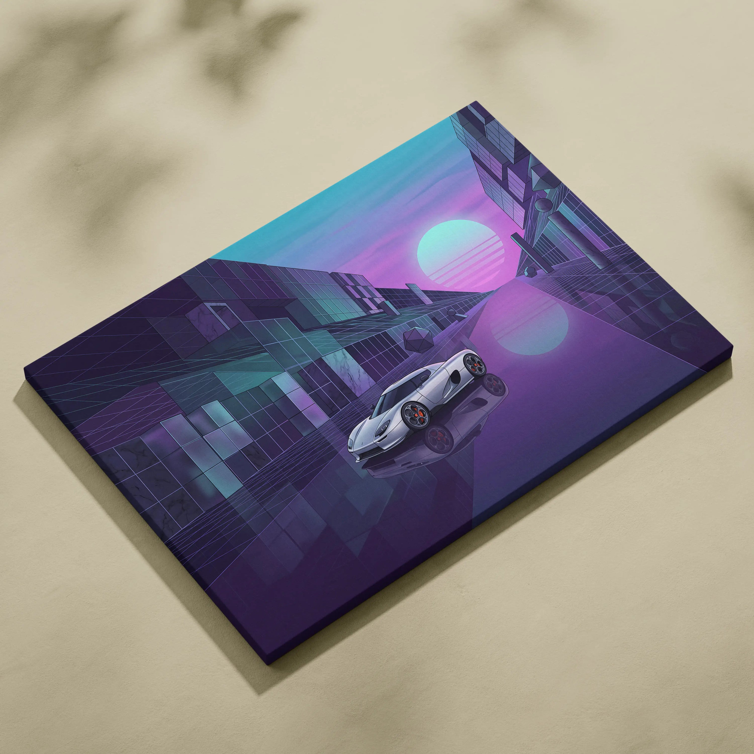 Koenigsegg CCX Inspired Silver Purple Canvas Wall Art Vaporwave Hypercar Artwork Neon City Garage Decor Retro Futuristic Supercar Print