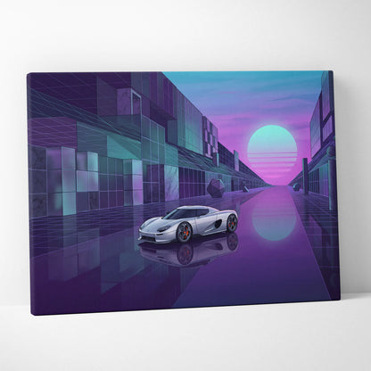 Koenigsegg CCX Inspired Silver Purple Canvas Wall Art Vaporwave Hypercar Artwork Neon City Garage Decor Retro Futuristic Supercar Print