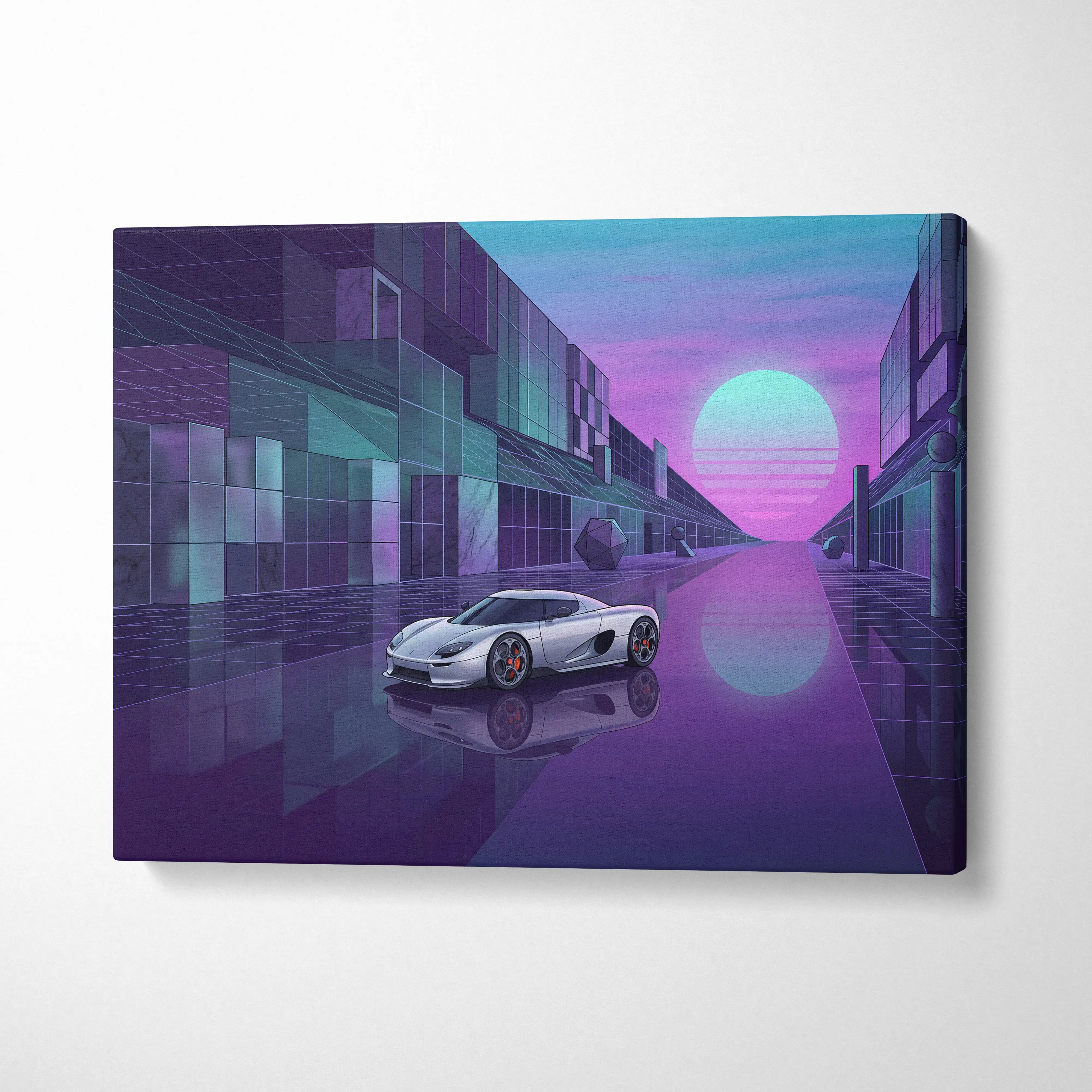 Koenigsegg CCX Inspired Silver Purple Canvas Wall Art Vaporwave Hypercar Artwork Neon City Garage Decor Retro Futuristic Supercar Print