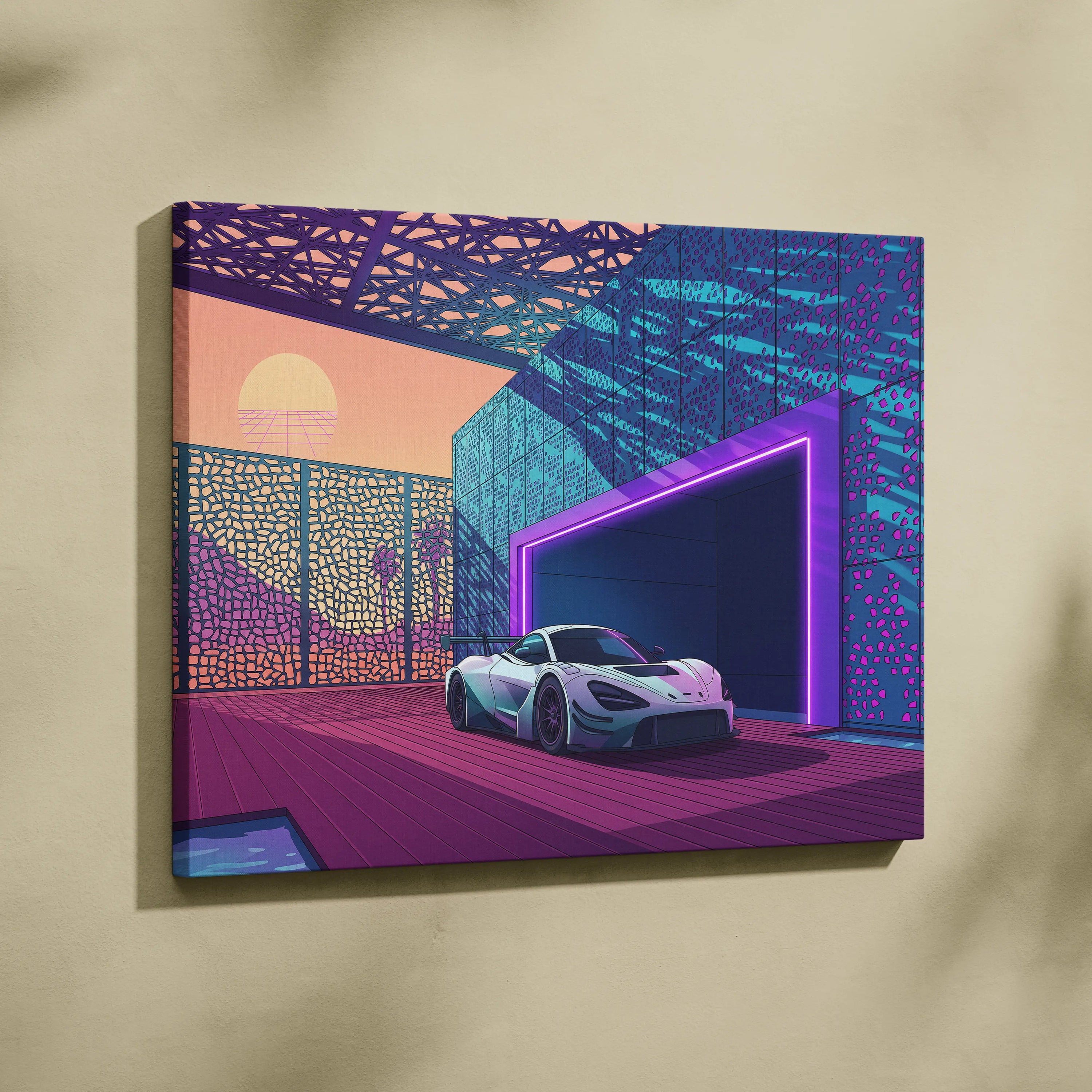 McLaren 720S GT3 Inspired White Purple Canvas Wall Art, Vaporwave Supercar Artwork, Neon Modern Garage Decor, Retro Futuristic Exotic Print