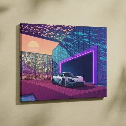 McLaren 720S GT3 Inspired White Purple Canvas Wall Art, Vaporwave Supercar Artwork, Neon Modern Garage Decor, Retro Futuristic Exotic Print