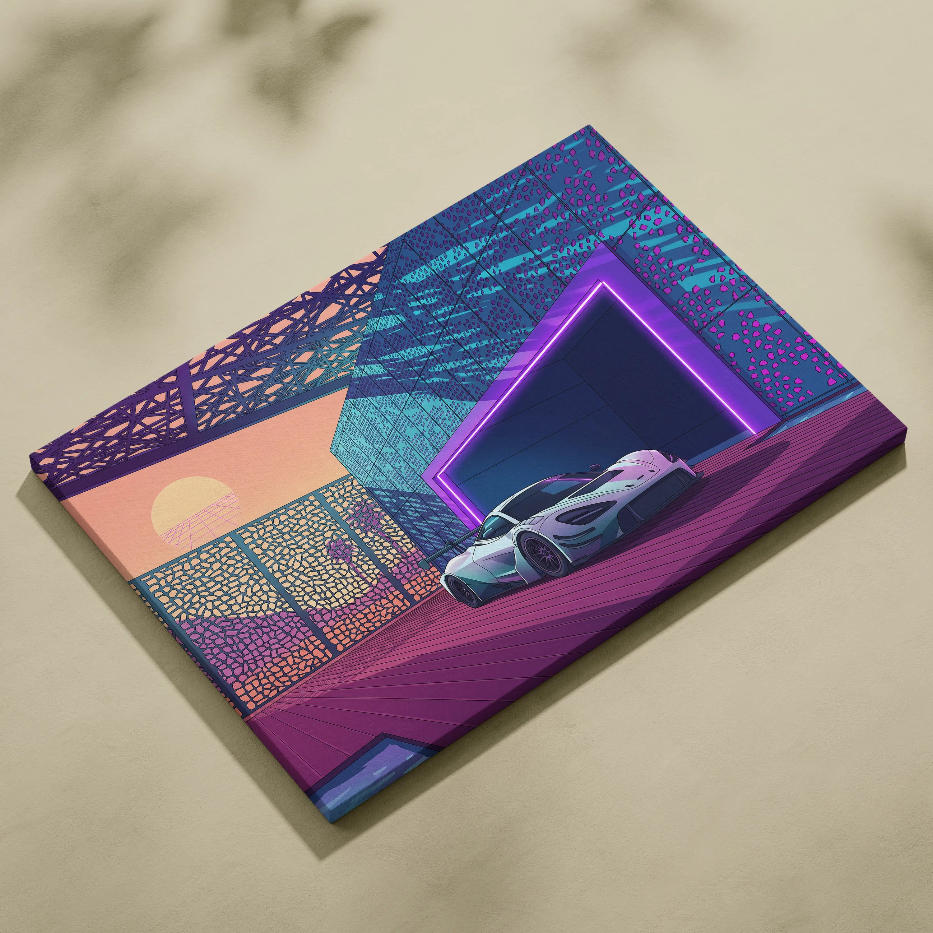 McLaren 720S GT3 Inspired White Purple Canvas Wall Art, Vaporwave Supercar Artwork, Neon Modern Garage Decor, Retro Futuristic Exotic Print