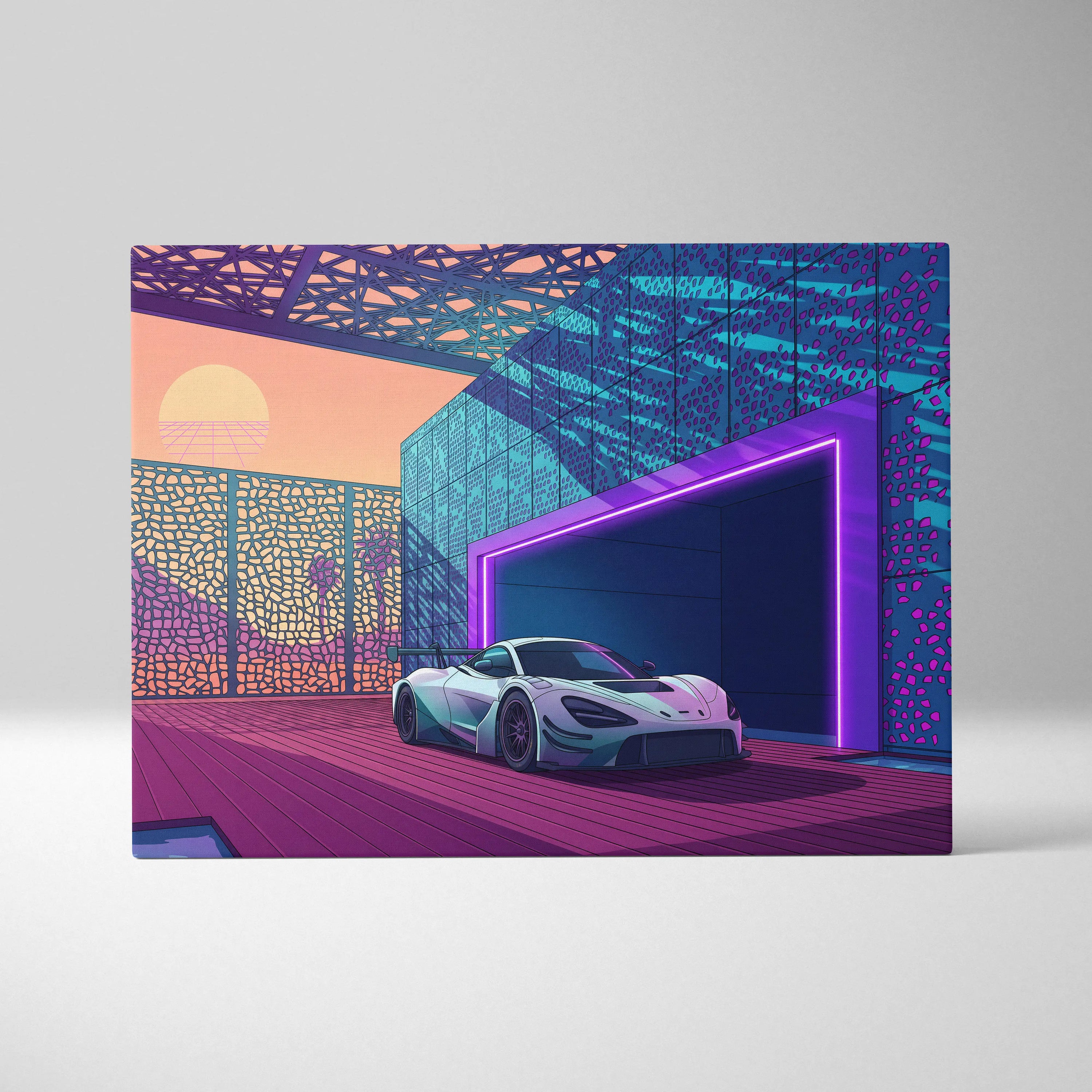 McLaren 720S GT3 Inspired White Purple Canvas Wall Art, Vaporwave Supercar Artwork, Neon Modern Garage Decor, Retro Futuristic Exotic Print
