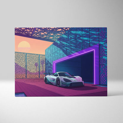 McLaren 720S GT3 Inspired White Purple Canvas Wall Art, Vaporwave Supercar Artwork, Neon Modern Garage Decor, Retro Futuristic Exotic Print