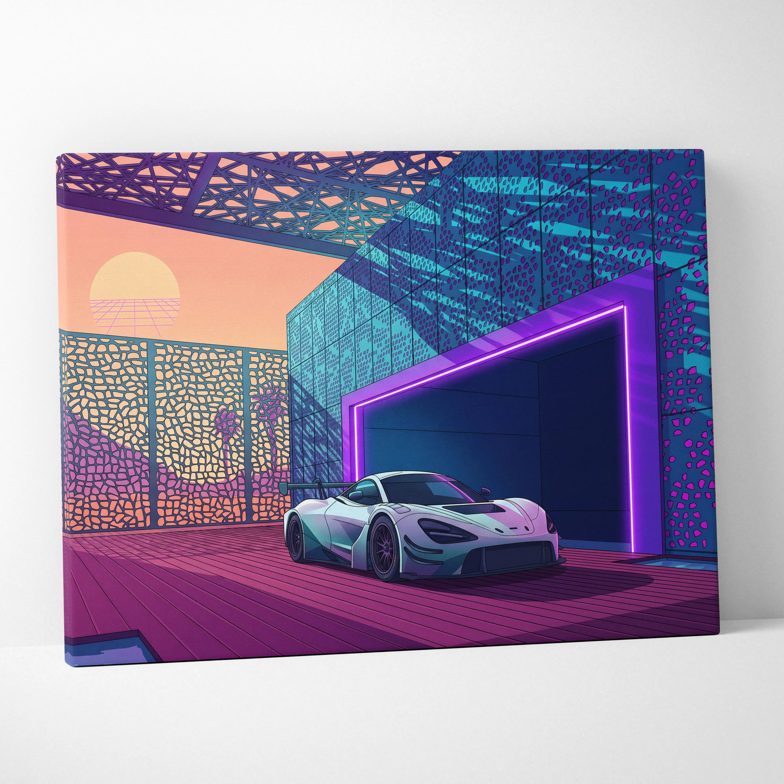 McLaren 720S GT3 Inspired White Purple Canvas Wall Art, Vaporwave Supercar Artwork, Neon Modern Garage Decor, Retro Futuristic Exotic Print