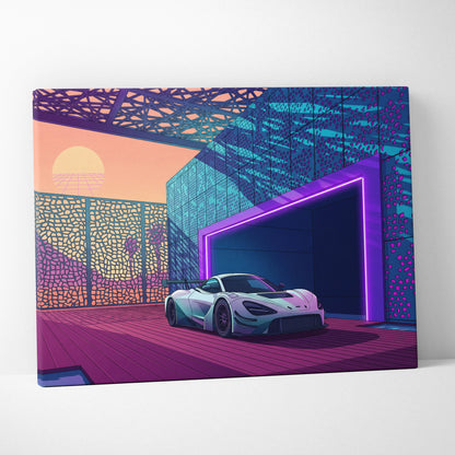 McLaren 720S GT3 Inspired White Purple Canvas Wall Art, Vaporwave Supercar Artwork, Neon Modern Garage Decor, Retro Futuristic Exotic Print