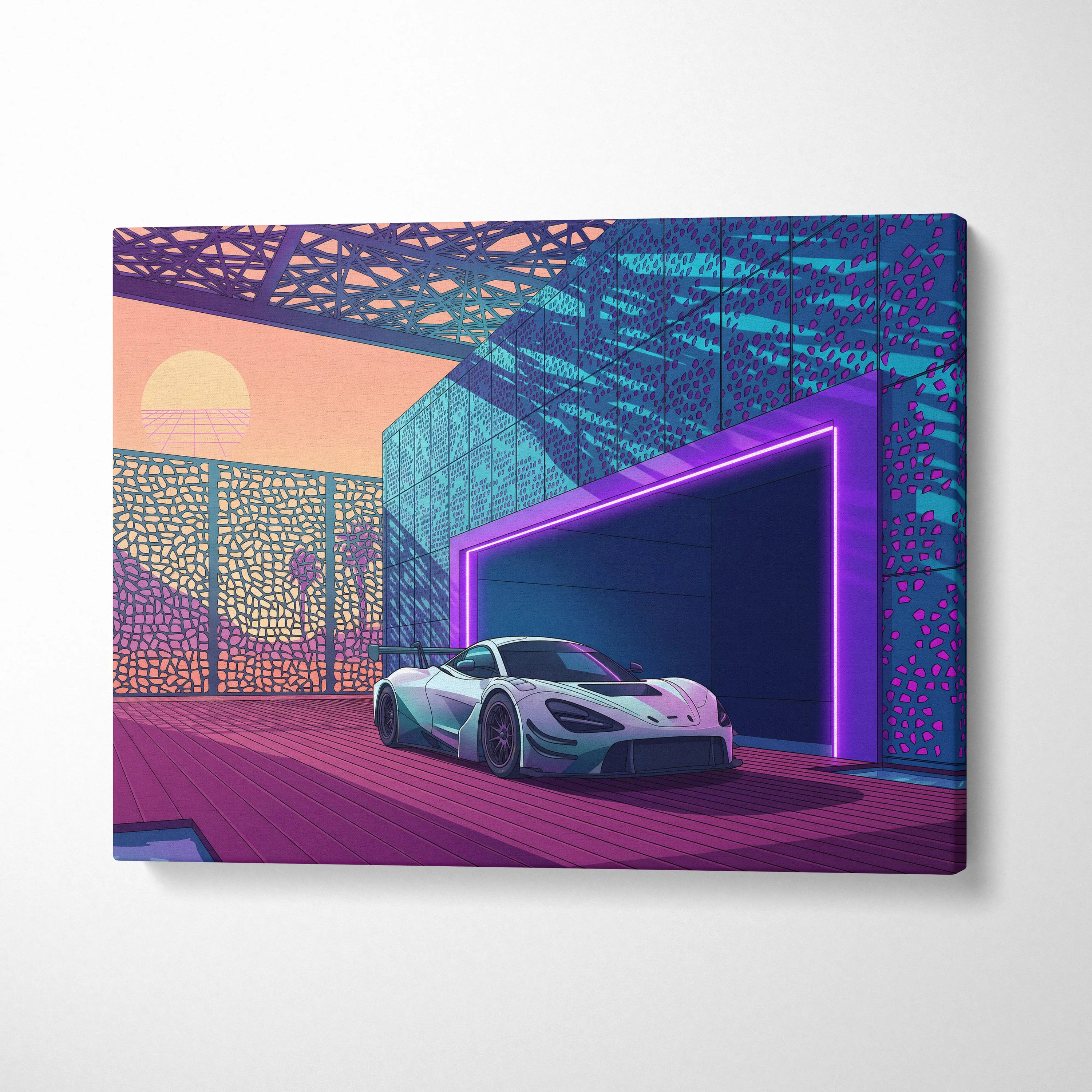 McLaren 720S GT3 Inspired White Purple Canvas Wall Art, Vaporwave Supercar Artwork, Neon Modern Garage Decor, Retro Futuristic Exotic Print
