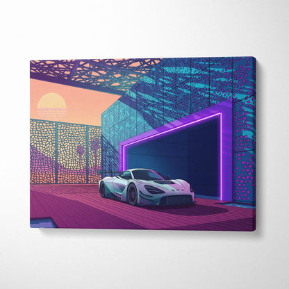 McLaren 720S GT3 Inspired White Purple Canvas Wall Art, Vaporwave Supercar Artwork, Neon Modern Garage Decor, Retro Futuristic Exotic Print