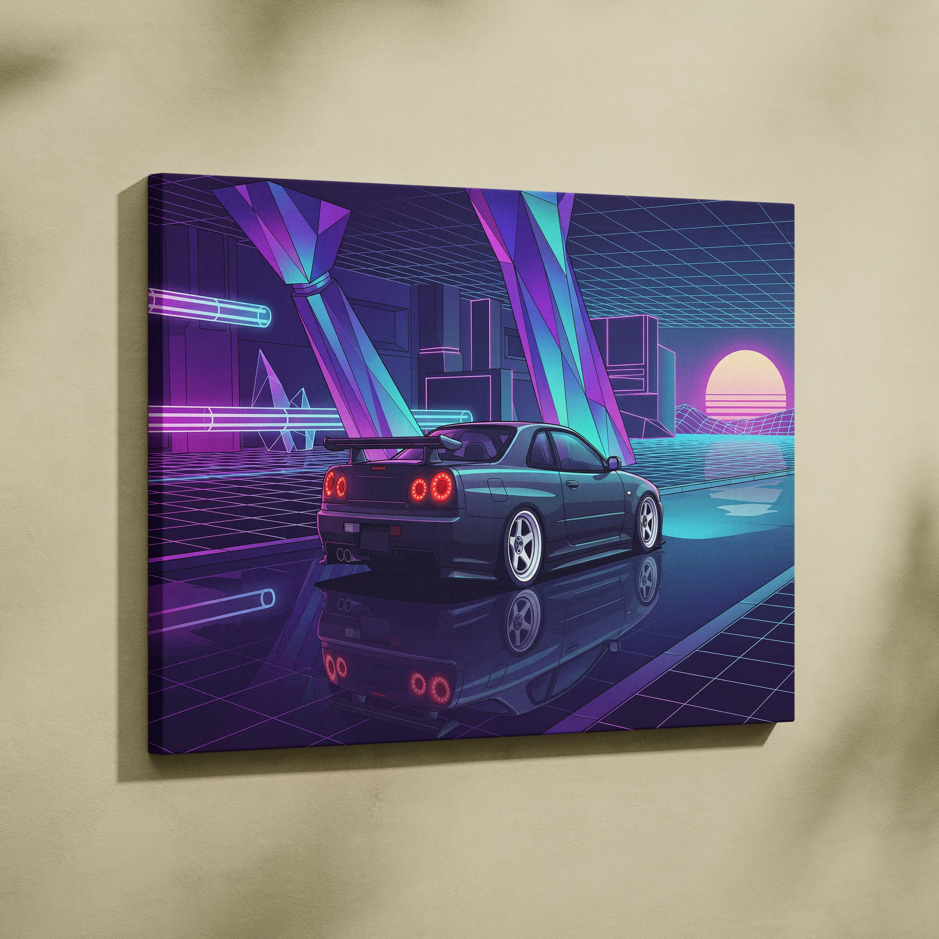 Nissan Skyline GT-R R34 Inspired Blue Purple Canvas Wall Art Vaporwave Neon City JDM Car Artwork, Cyberpunk Garage Decor
