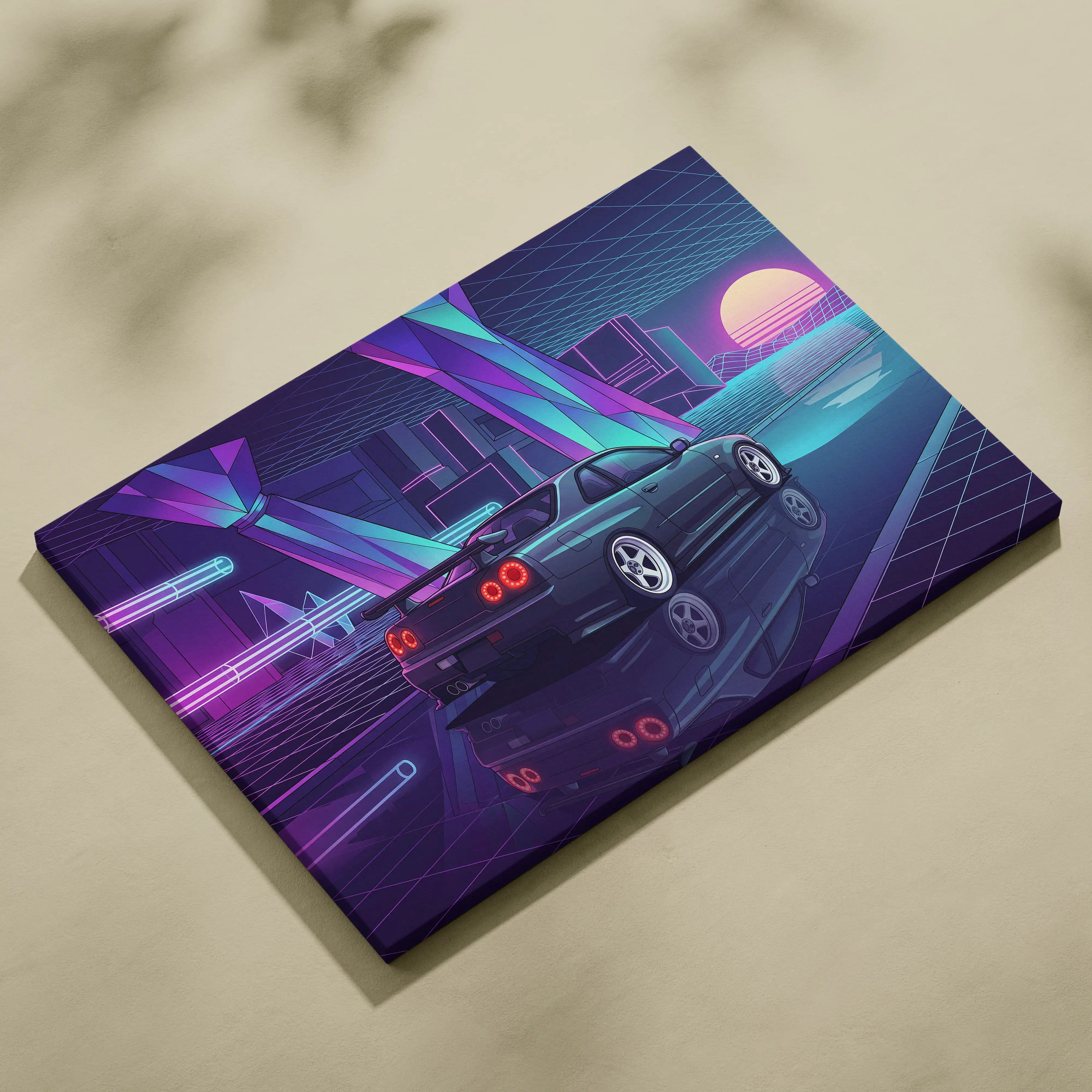 Nissan Skyline GT-R R34 Inspired Blue Purple Canvas Wall Art Vaporwave Neon City JDM Car Artwork, Cyberpunk Garage Decor