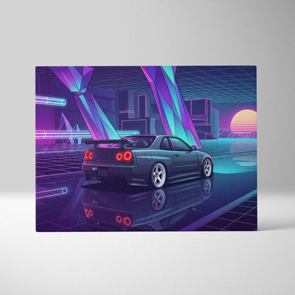 Nissan Skyline GT-R R34 Inspired Blue Purple Canvas Wall Art Vaporwave Neon City JDM Car Artwork, Cyberpunk Garage Decor