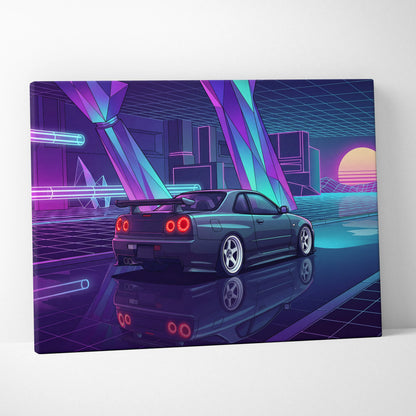 Nissan Skyline GT-R R34 Inspired Blue Purple Canvas Wall Art Vaporwave Neon City JDM Car Artwork, Cyberpunk Garage Decor