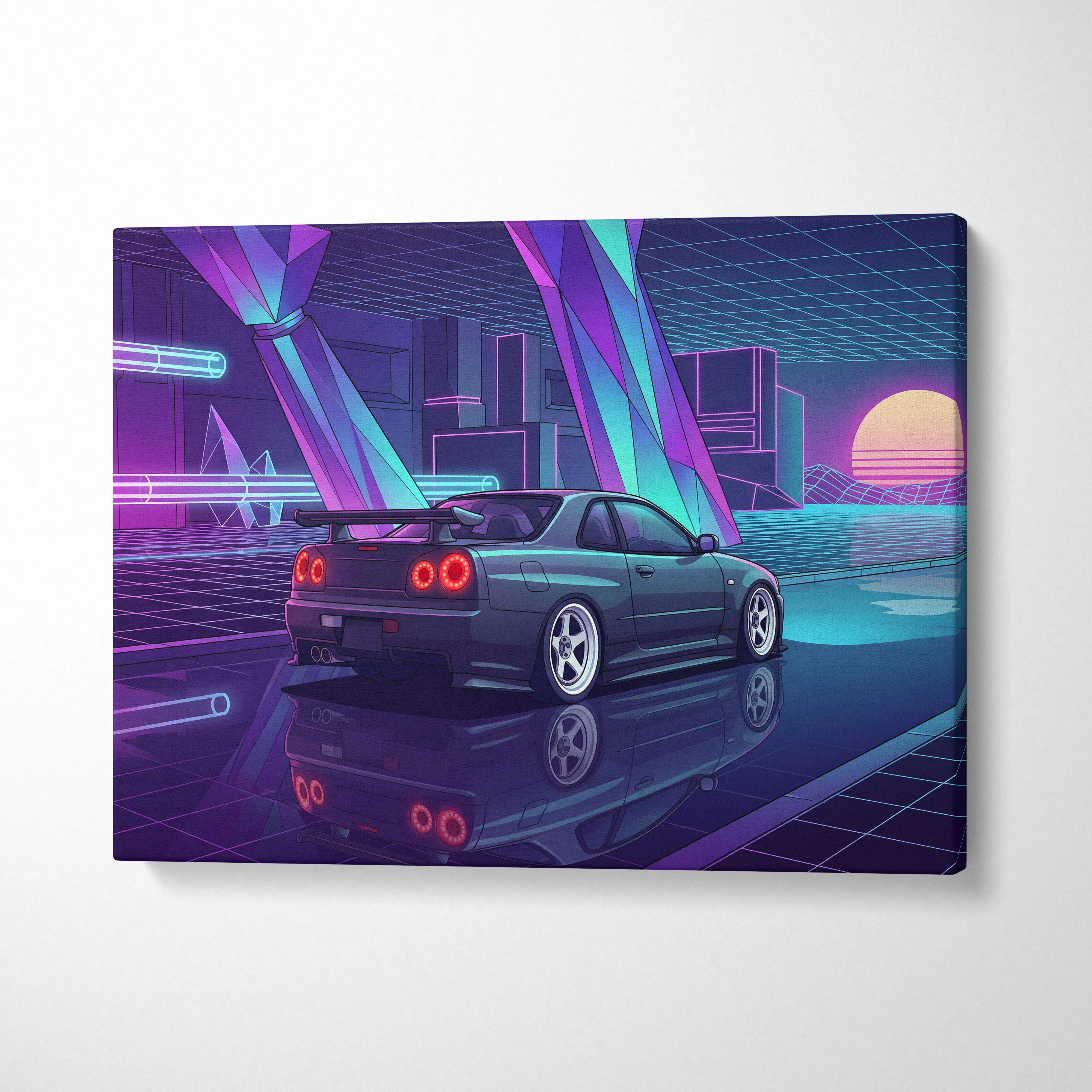 Nissan Skyline GT-R R34 Inspired Blue Purple Canvas Wall Art Vaporwave Neon City JDM Car Artwork, Cyberpunk Garage Decor
