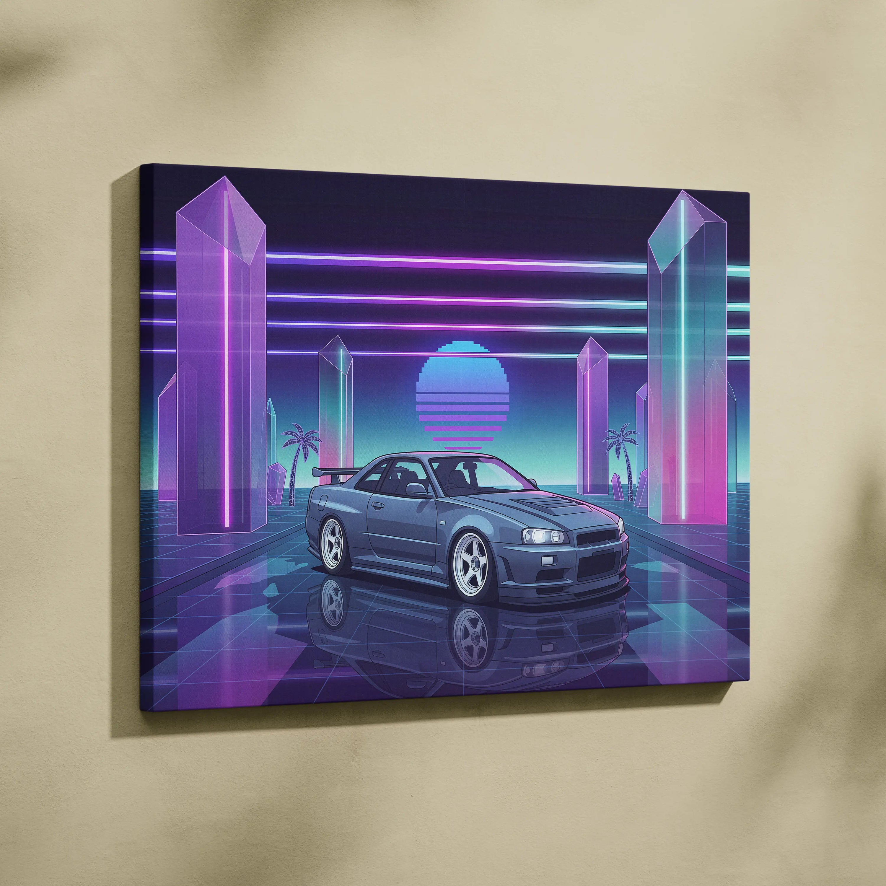 Nissan Skyline GT-R R34 Inspired Gray Purple Canvas Wall Art Vaporwave Neon Crystal JDM Car Artwork, Retro Cyberpunk Garage Decor